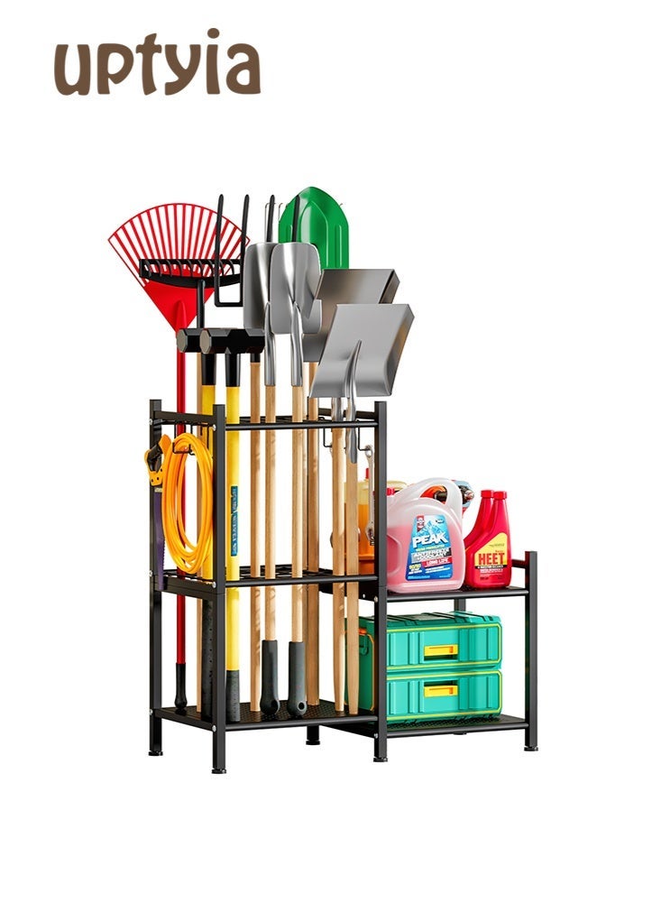 Uptyia Garden Tool Organizer Rack，Garage Organization, 3 Tier Yard Tool Storage Rack，Long-Handled Tools, Garage & Outdoor Tool Holder Shelf, Metal Storage Stand for Rakes, Shovels, Brooms, Heavy Duty Garden Tool Holder with Large Hooks for Shed, Yard - Image 1